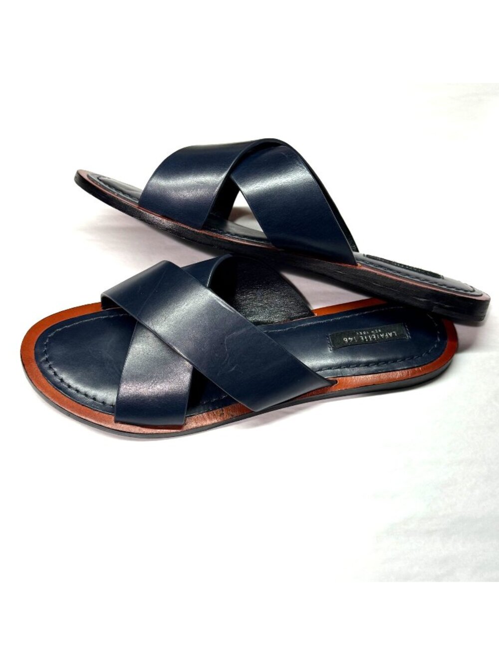 size 8/38 Lafayette 148 Vienna Womens Navy Leather‎ Cross-Strap Slide Sandals